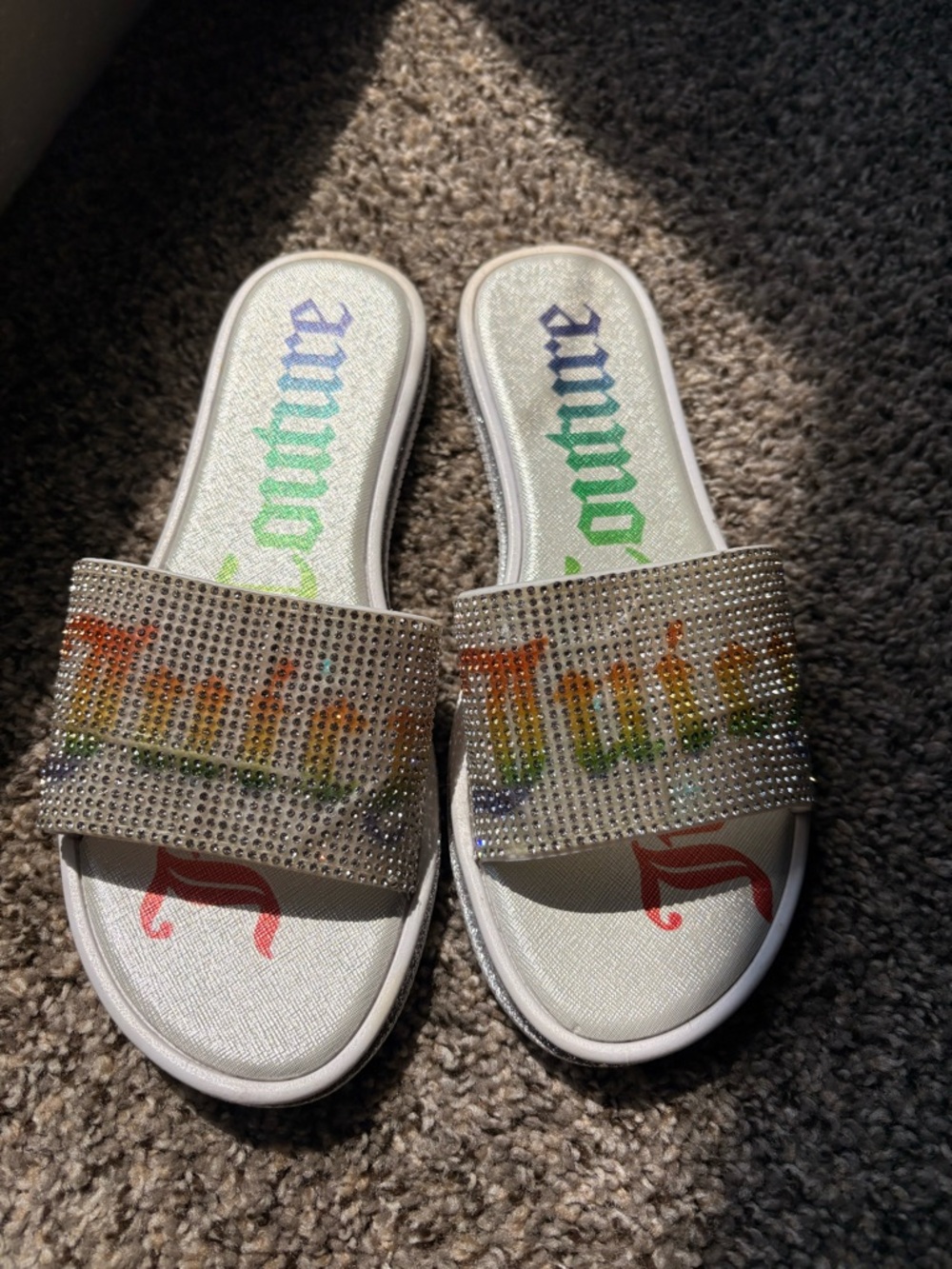 Juicy Couture Silver Rhinestone Rainbow-Logo Slide Sandals